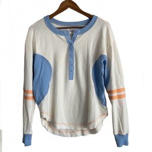 BDG Basil Waffle Thermal Colorblock Henley Cream, Blue and Peach Top